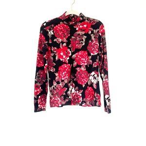 Croft & Barrow Red Black Print Floral Turtleneck Top 100% Cotton Dark Rose M